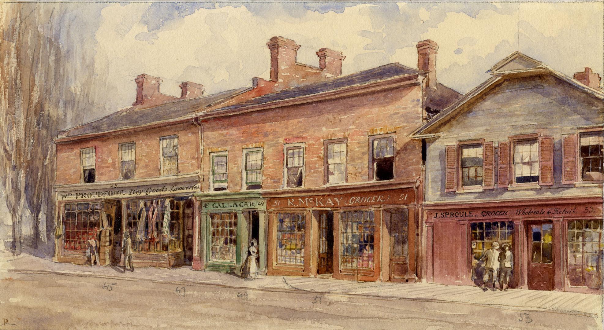 King Street East, E. of Jarvis St., south side, looking southeast to Frederick St