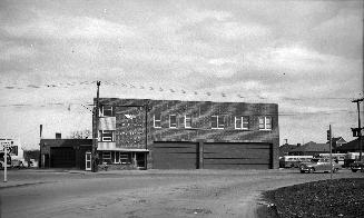 Hollinger Bus Lines, Offices & garage, Woodbine Avenue, southeast corner O'Connor Drive, looking east