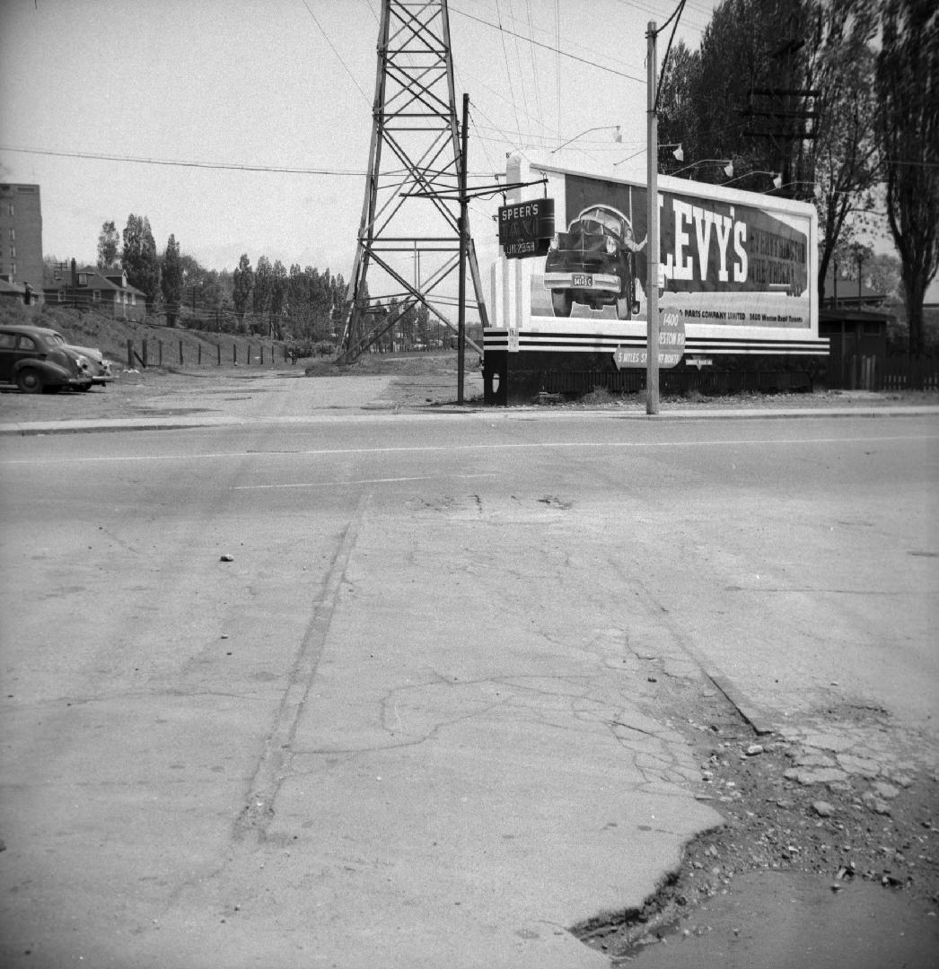 Toronto and York Radial Railroad, Mimico Division, remains of rails crossing Parkside Drive, north of Lakeshore Boulevard (on old Lakeshore Road.), looking east