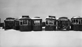 T.T.C., cars, abandoned on lot on Mill St., showing l. to r. #, #1804, #2046, #1342, #, #1532