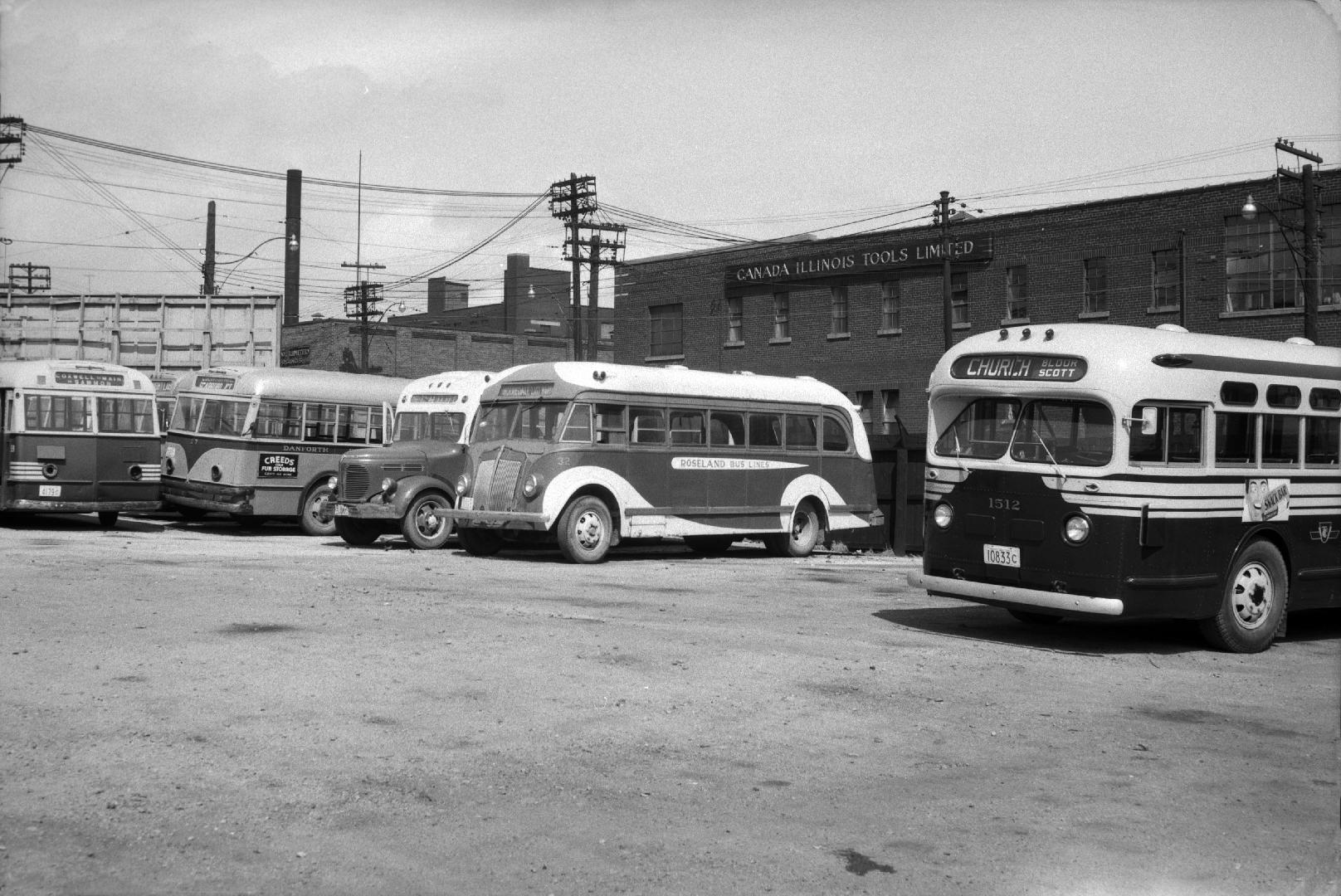 T.T.C., garage, Sherbourne Garage, Sherbourne St., northwest corner Esplanade E., looking northeast to Sherbourne St