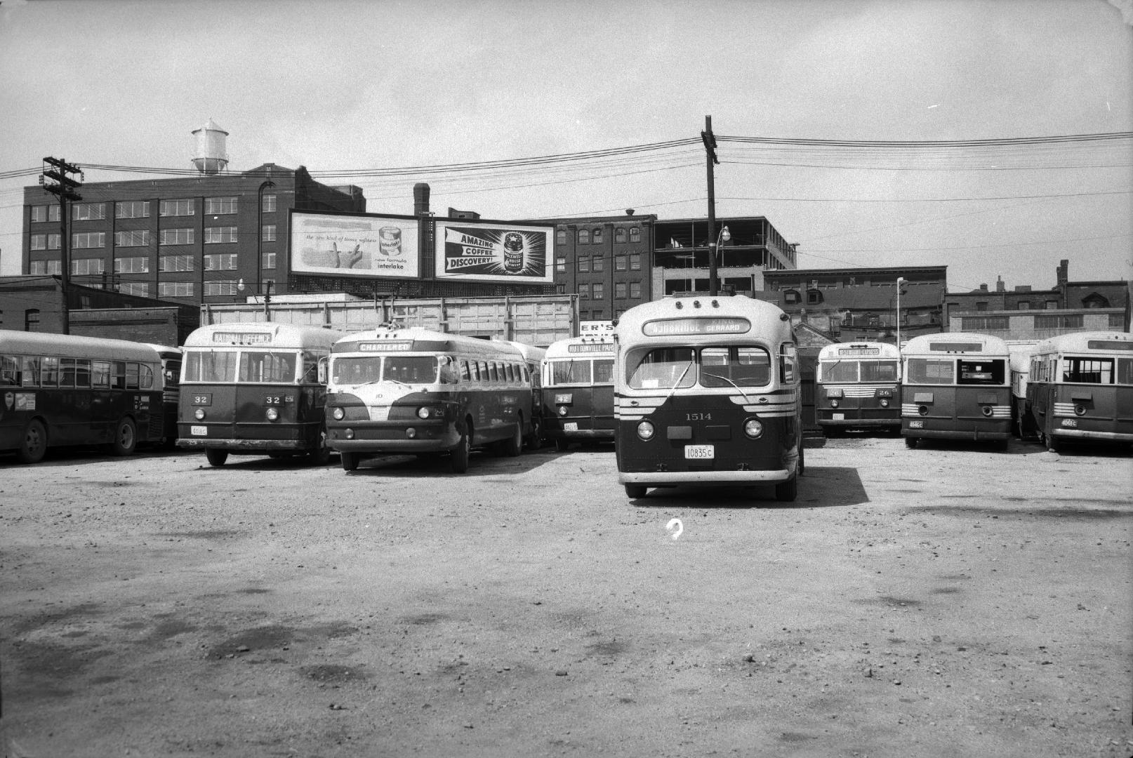 T.T.C., garage, Sherbourne Garage, Sherbourne St., northwest corner Esplanade E., looking north to Front Street East