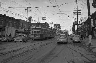 Yonge St. looking north from north of Golfdale Rd. Image shows Yonge street with a streetcar an…