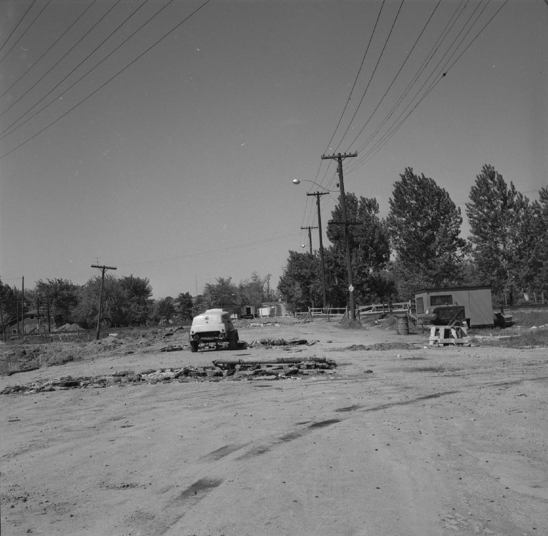 Dundas St. West, looking west from west of Royal York Road., during construction of Dundas St. subway under Royal York Road