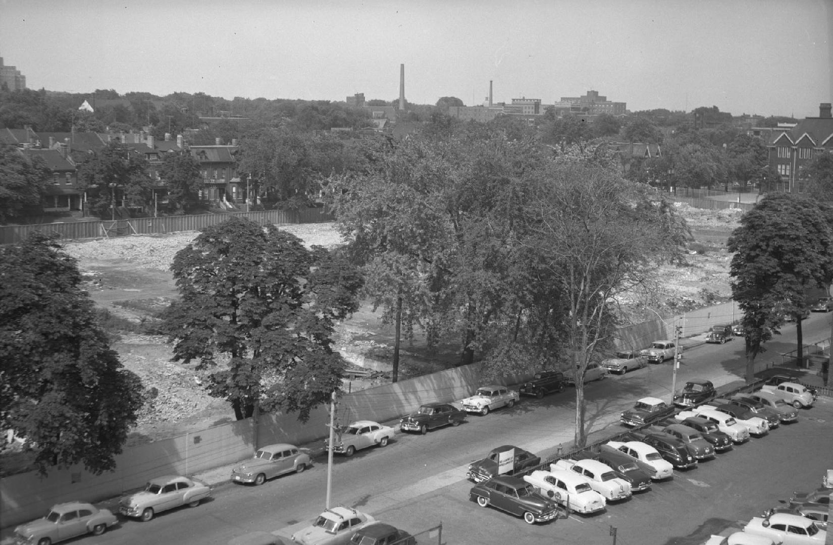 Wood ST., between Yonge & Church Streets, looking northeast from 6th floor of Toronto Hydro Building, showing site of City Park Apartments