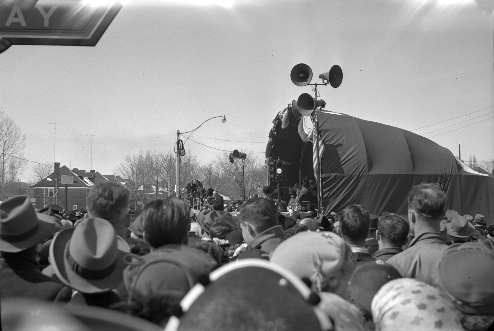 T.T.C., Yonge St. subway; opening ceremonies outside Davisville station. Image shows a big crow ...