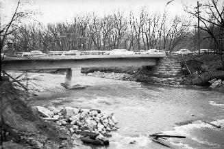 Humber River, looking north to Highway 7 bridge at Woodbridge (Vaughan, Ontario)