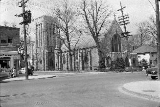 Image shows a limited view of the church building at the intersection.