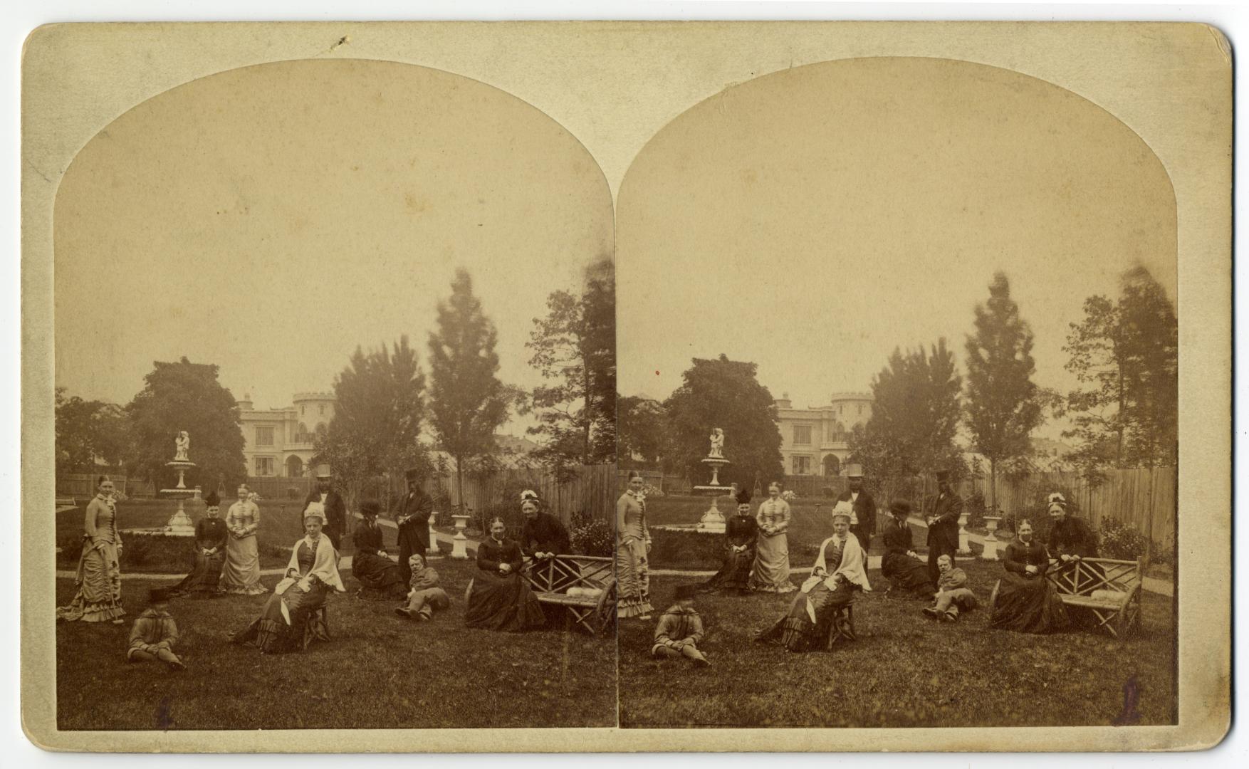 Queen's Hotel, Front Street West, north side, between Bay & York Streets, guests on lawn at east side, showing Holland House in background