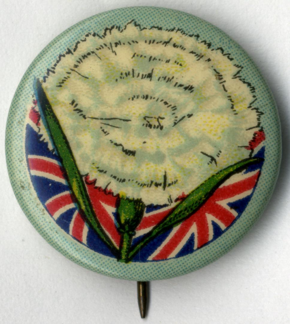 A round pin bearing a white carnation flower whose green stems mirror raised arms, overlaid on …