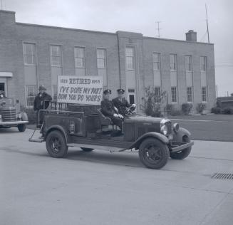 Leaside Fire Dept., Fire Prevention Week Parade, looking west beside Leaside Municipal Building, McRae Drive, southwest corner Randolph Road