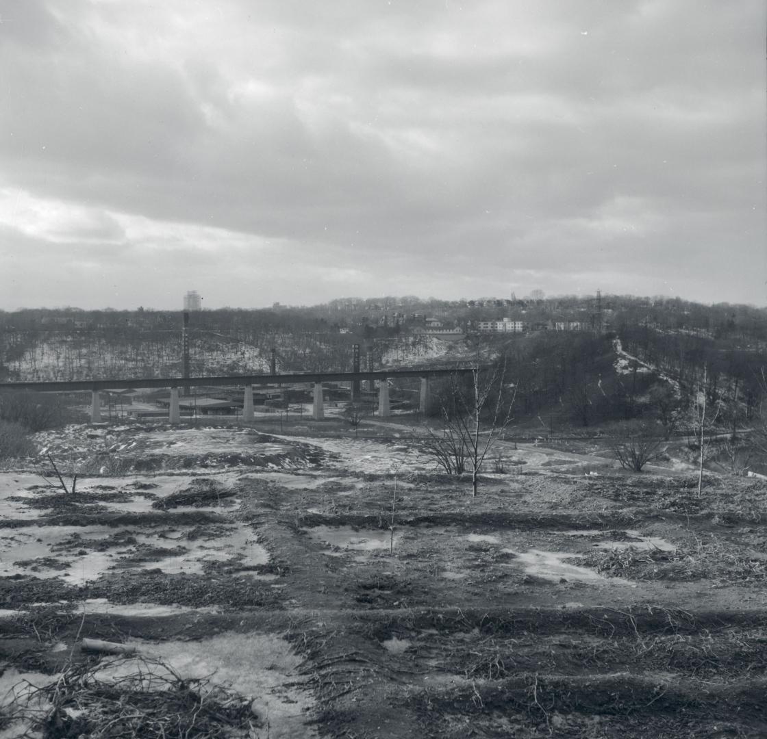 Don Valley Brick Works, Bayview Avenue, west side, south of Chorley Park in Don Valley, looking west from Broadview & Mortimer Ayes