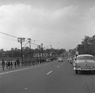 Leaside Fire Dept., Fire Prevention Week Parade, Eglinton Avenue E., looking west from east of Bayview Avenue, Toronto