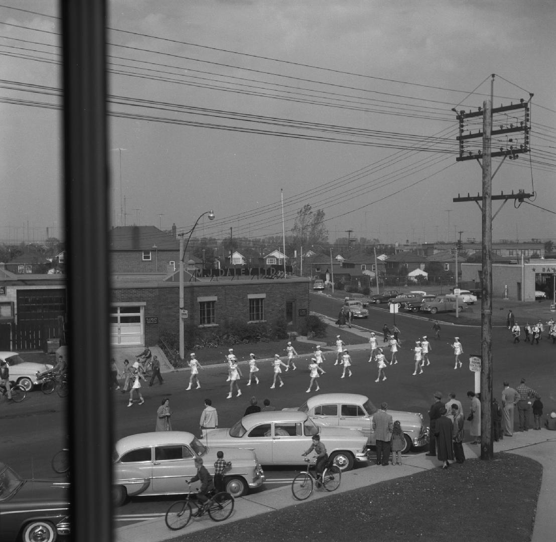 Fire Prevention Week Parade, looking north east from Leaside Municipal Building