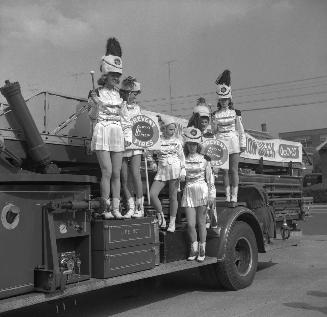 Leaside Fire Dept, Fire Prevention Week Parade, looking east beside Leaside Municipal Building, McRae Drive, southwest corner Randolph Road Toronto