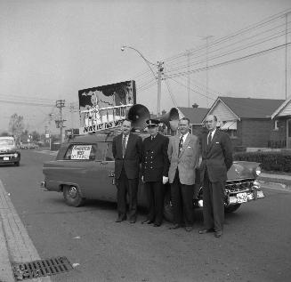 Leaside Fire Dept, Fire Prevention Week Parade, looking east beside Leaside Municipal Building, McRae Drive, southwest corner Randolph Road, showing east side Randolph Road Toronto