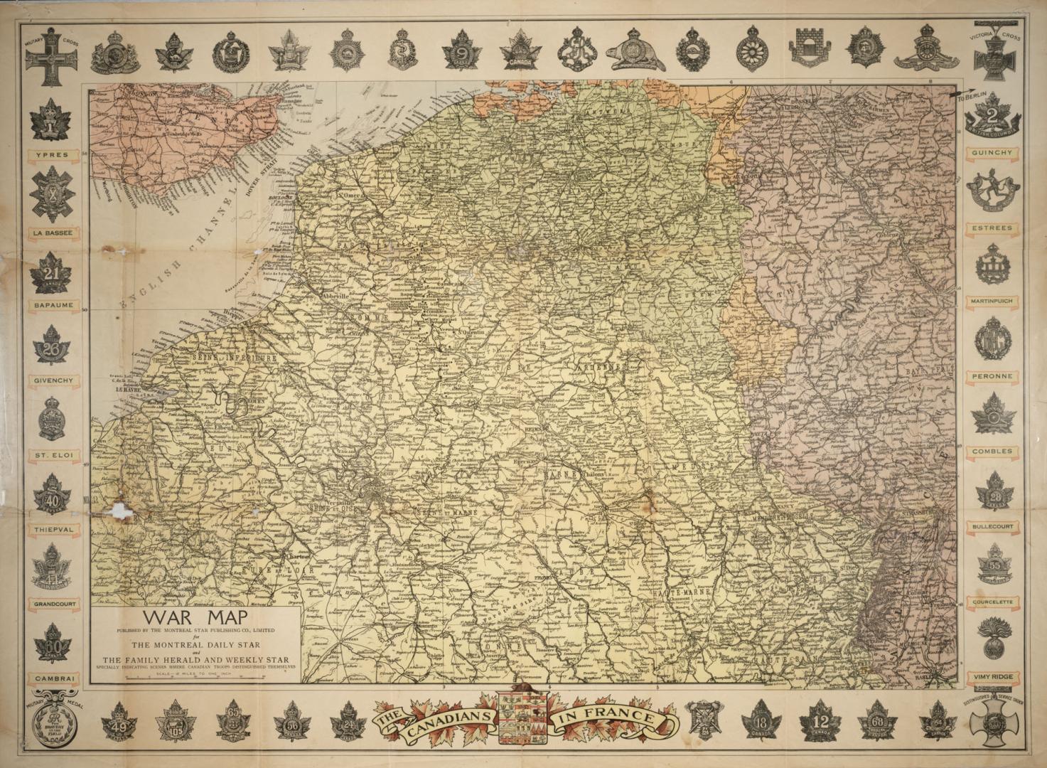 War map published by the Montreal Star Publishing Co., Limited forThe Montreal Daily Star and The Family Herald and Weekly Star specially indicating scenes where Canadian troops distinguished themselves