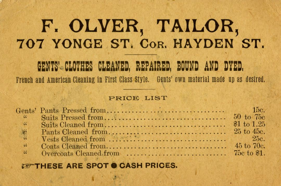 F. Olver, tailor, 707 Yonge St., cor. Hayden St.