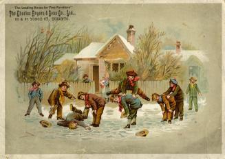 Charming winter scene with a group of boys playing leapfrog in the snow. There is a small cotta…