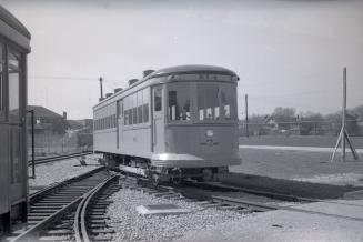 Subway Car #RT. 4, at Davisville yards. Image shows a streetcar on the tracks.