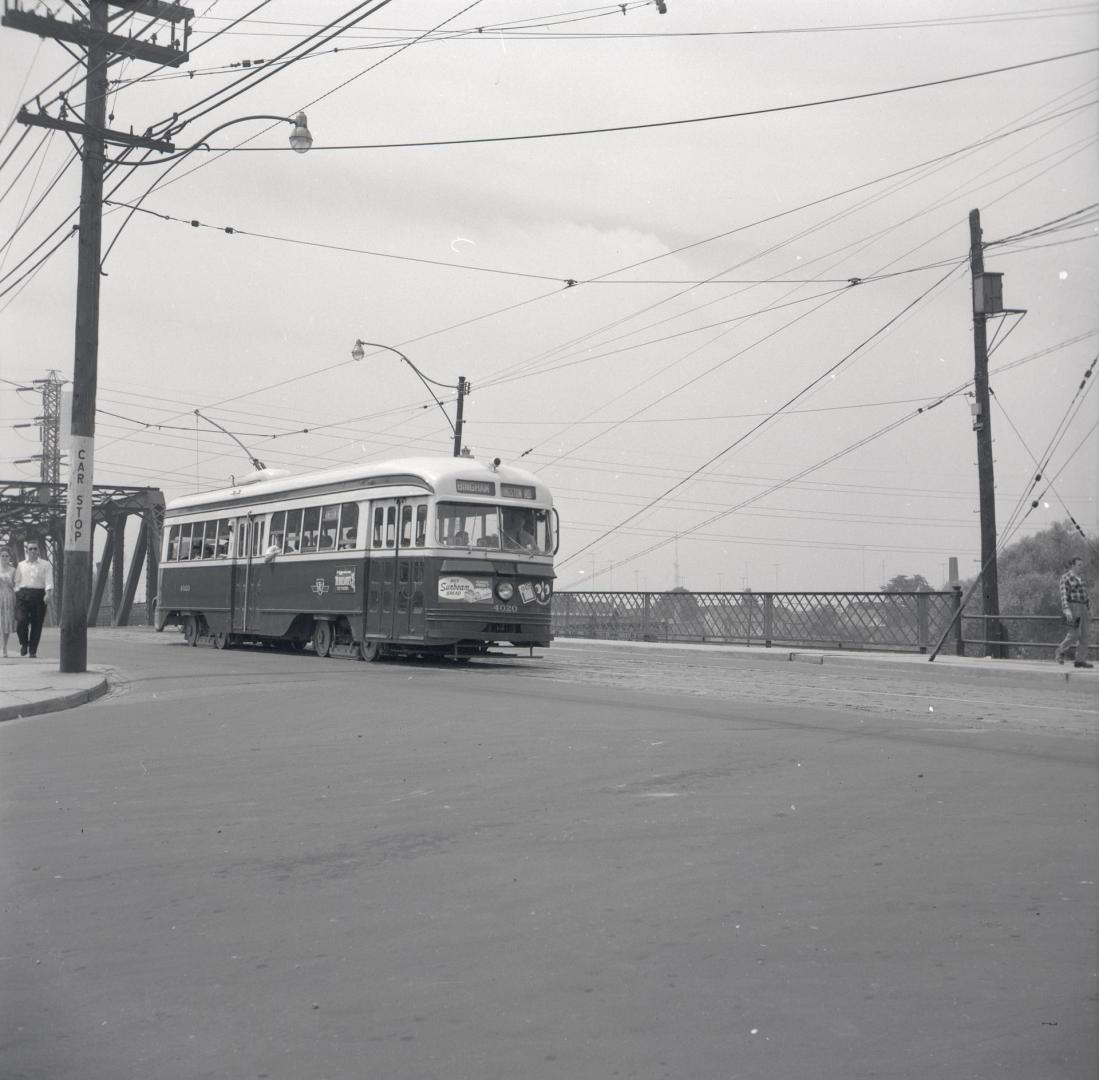 T.T.C., #4020, at Queen Street East bridge over Don River, looking northwest