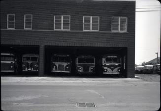 Hollinger Bus Lines, offices & garage, Woodbine Avenue, southeast corner O'Connor Drive, looking east