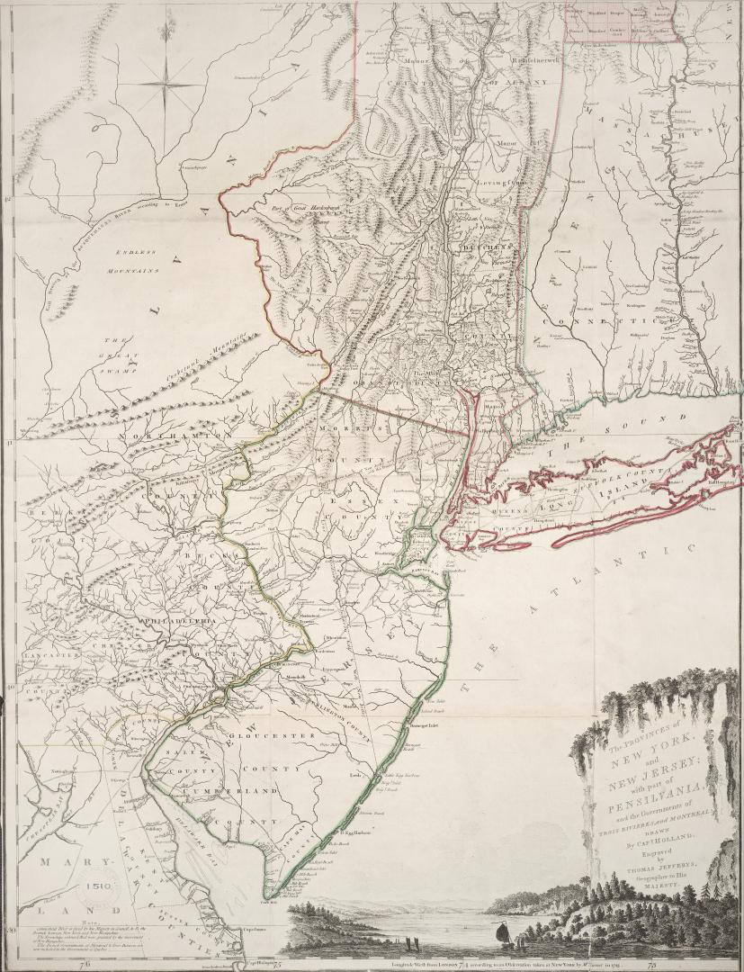 The provinces of New York, and New Jersey, with part of Pensilvania, and the governments of Trois Rivieres, and Montreal. Drawn by Capt. Holland. Eng(...)