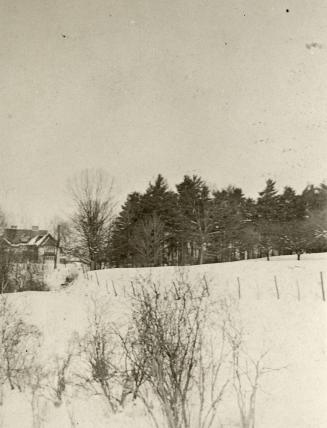 Image shows a lot of land space covered with snow. There are trees and a house in the backgroun…