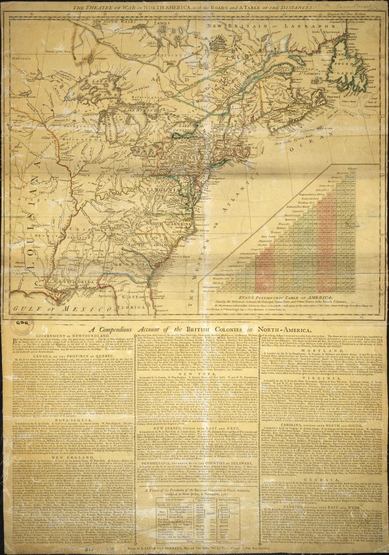 The theatre of war in North America, with the roads and a table of the distances