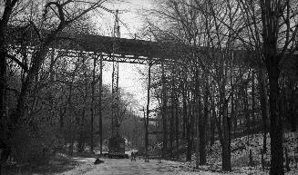 Sherbourne St., bridge north of Bloor Street East, looking e. along Rosedale Valley Road., during demolition