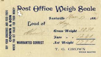 Image shows a Post Office weight Scale that reads &quot;Davisville March 27 1884; load of hay; …