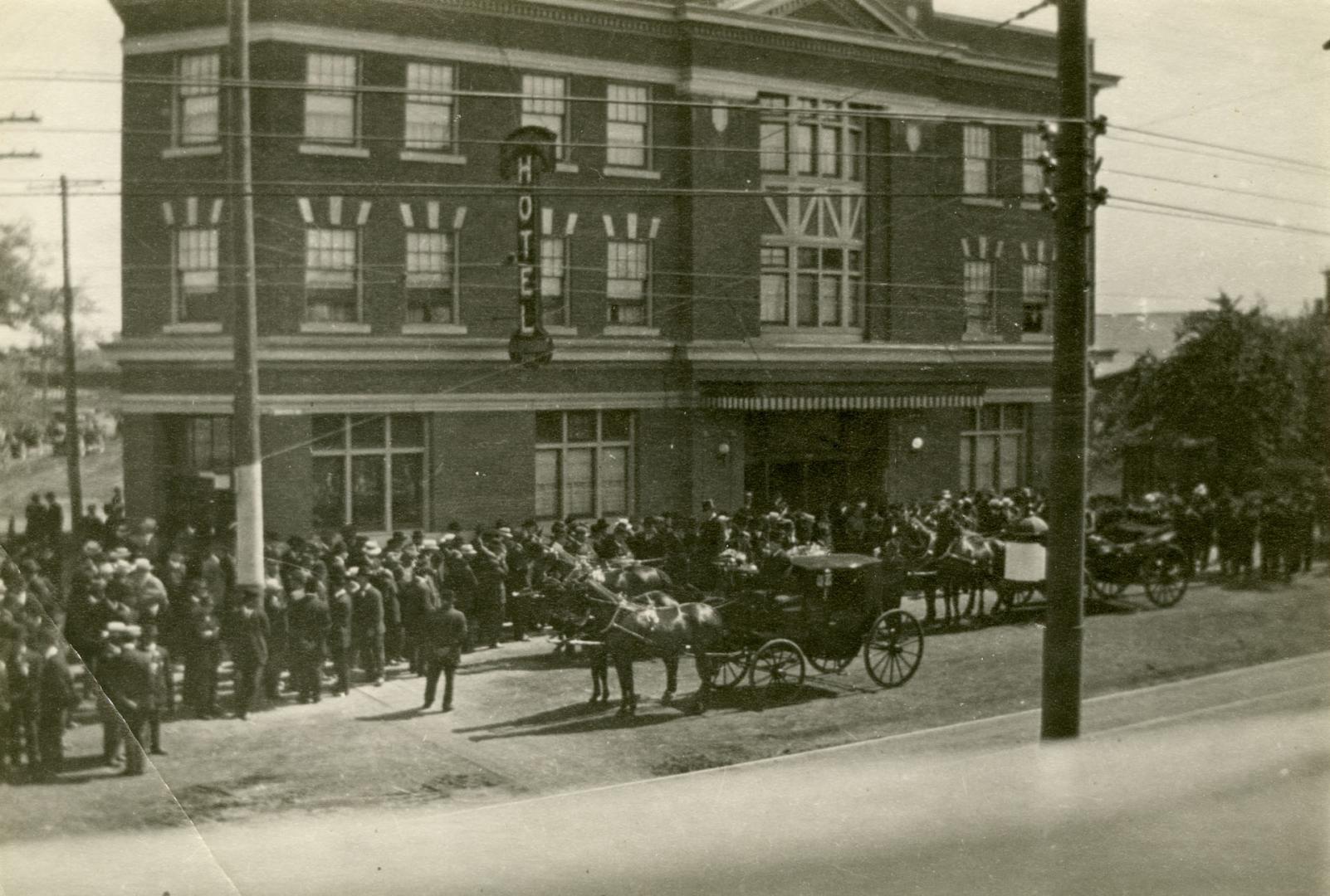 Empringham, George, Funeral Procession, in front of Empringham Hotel, Danforth Avenue, southwest corner Dawes Road