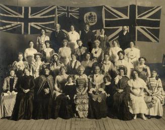 Emmanuel Presbyterian Church, Swanwick Avenue, south side, opposite Enderby Road, INTERIOR, showing cast of play produced by women of East Toronto, and William Hillock of Hillock Lumber, upper right