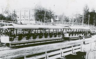 Toronto and York Radial Railway, Mimico Division, car, on The Queensway, in front of Sacred Heart Orphanage