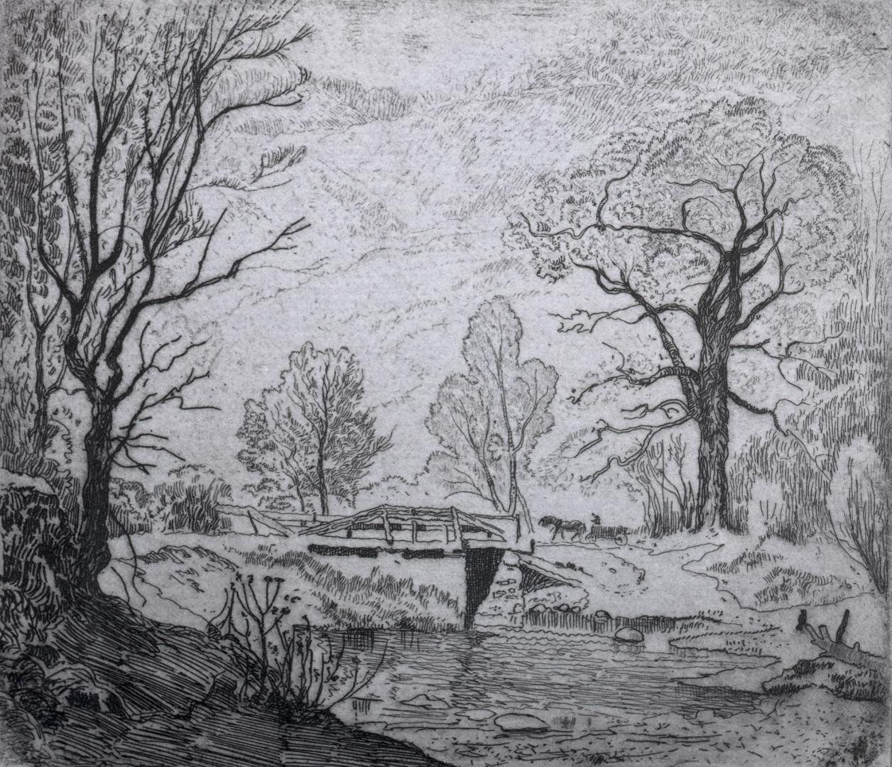 Image shows a river view with a bridge across it and a few trees.