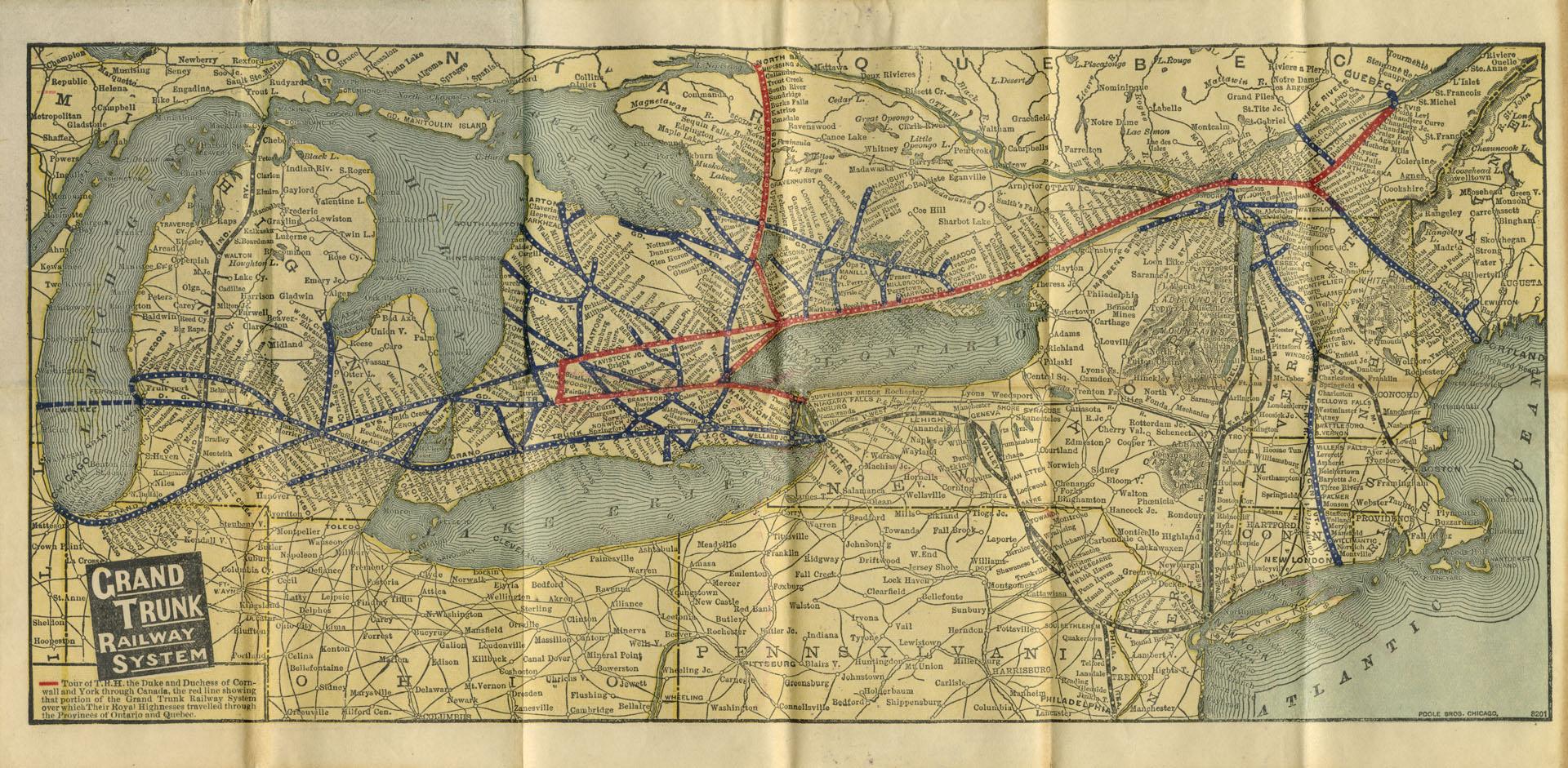 A printed map shoeing the Grand Trunk railway lines from Michigan to the Atlantic ocean. No sca…