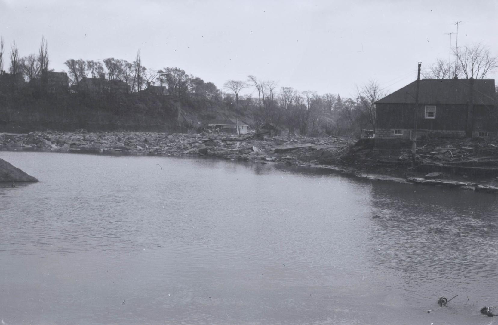 Humber River, looking south across river to Raymore Dr. from south of Lawrence Avenue W., Toronto, Ontario