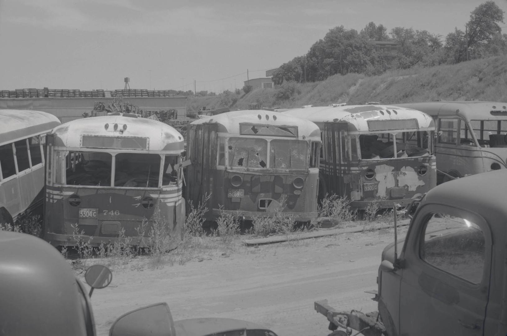 T. T. C., bus, scrapped, at Levy Auto Parts Co., Weston Road., west side, between Buttonwood & Edmund Aves., Toronto, Ontario