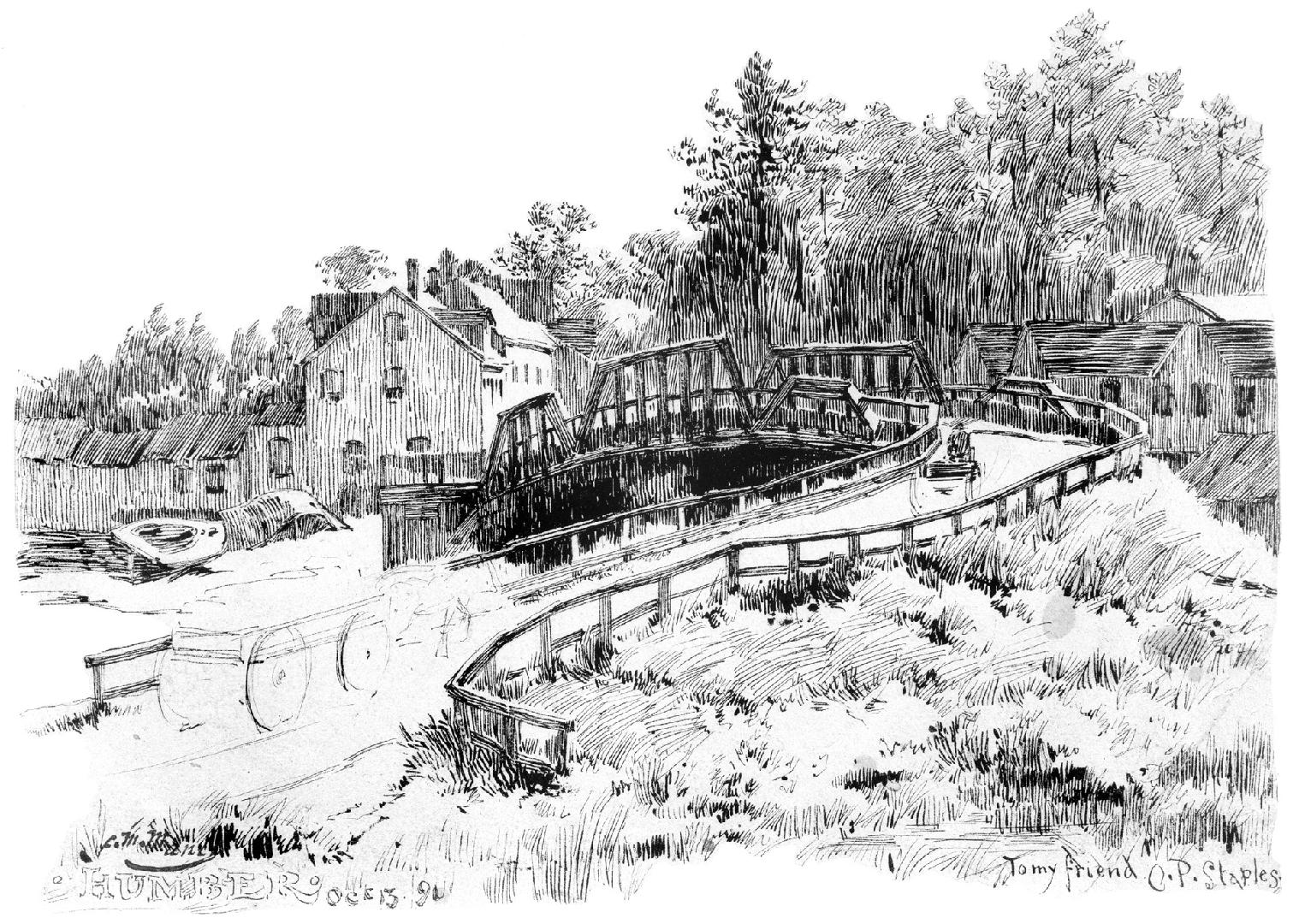 Lakeshore Boulevard West, looking west across Humber River, showing Charles Nurse's hotel, south side Lakeshore Boulevard West, west side Humber River