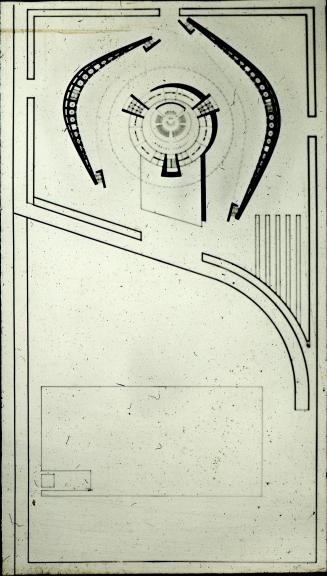 Viljo Revell entry, City Hall and Square Competition, Toronto, 1958, architectural drawing, aerial view, stage two