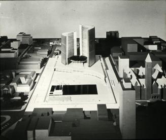 Viljo Revell entry, City Hall and Square Competition, Toronto, 1958, architectural model in situ, stage two