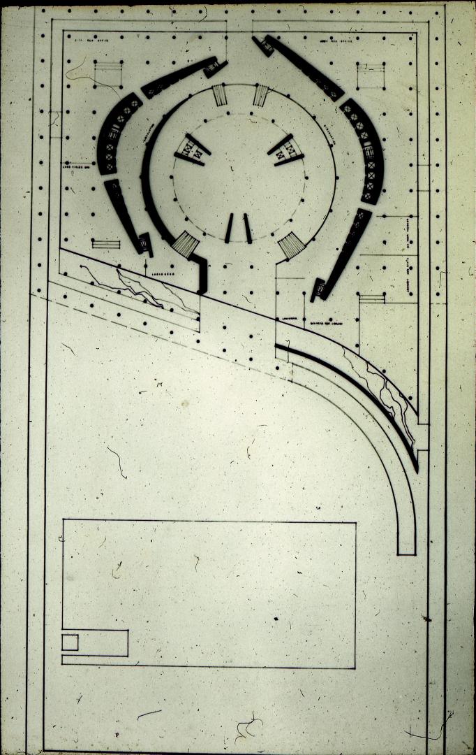 Viljo Revell entry, City Hall and Square Competition, Toronto, 1958, architectural drawing of hall and square, stage two