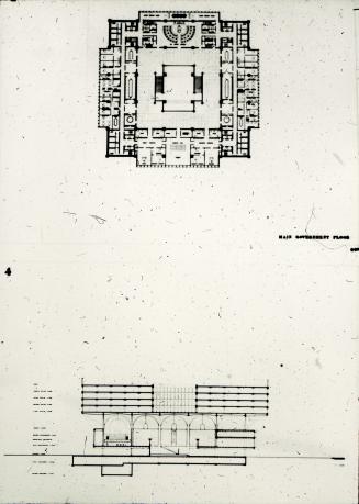 I. M Pei & Associates entry City Hall and Square Competition, Toronto, 1958, floor plan and section drawing