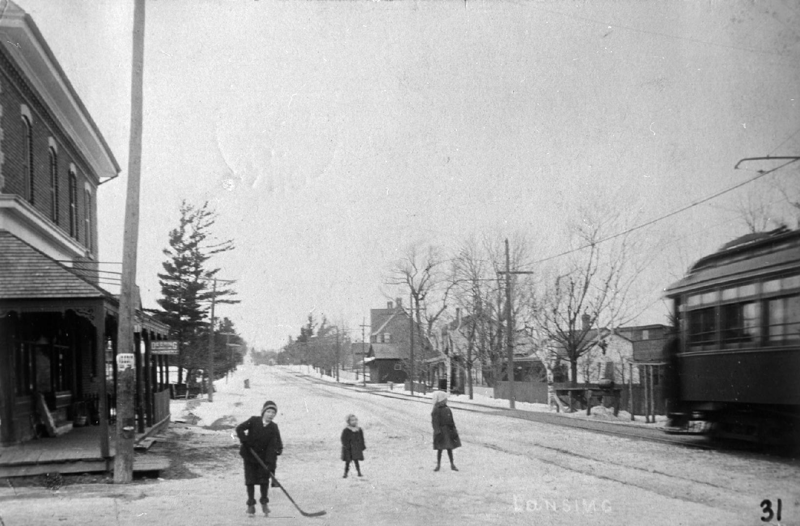 Looking north, Dempsey store, McKenzie residence, Stong residence