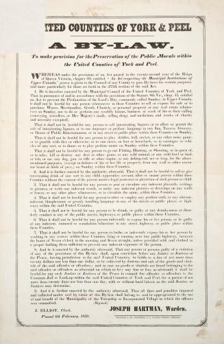 United counties of York & Peel a by-law, to make provision for the preservation of the public morals within the United counties of York and Peel