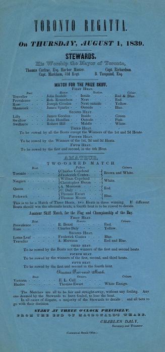 Toronto Regatta on Thursday, August 1, 1839