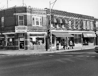 Stores, Yonge Street, northwest corner of Bedford Park Road, Toronto, Ontario. Image shows some…