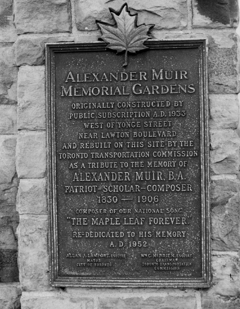 Alexander Muir and Alexander Muir Memorial Garden plaque, Yonge Street, east side, between Alex…