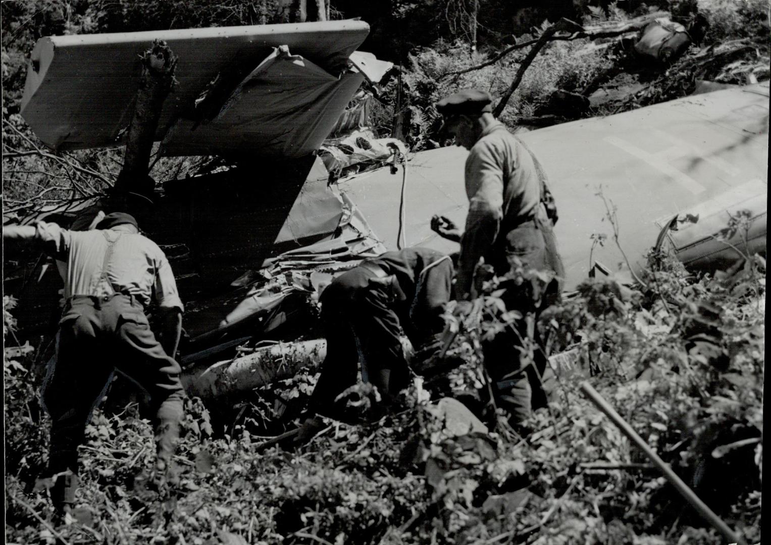 Experts believe the gasoline tanks of the wrecked plane, seem here, exploded when it crashed into a huge granite boulder. A.T.C.A. official said there(...)