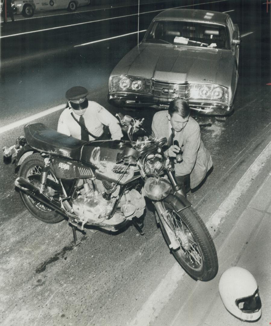 Motorcycle driver Bradley Newth was killed and passenger Douglas Nash seriously injured when this bike skidded on Don Valley Parkway last night after (...)